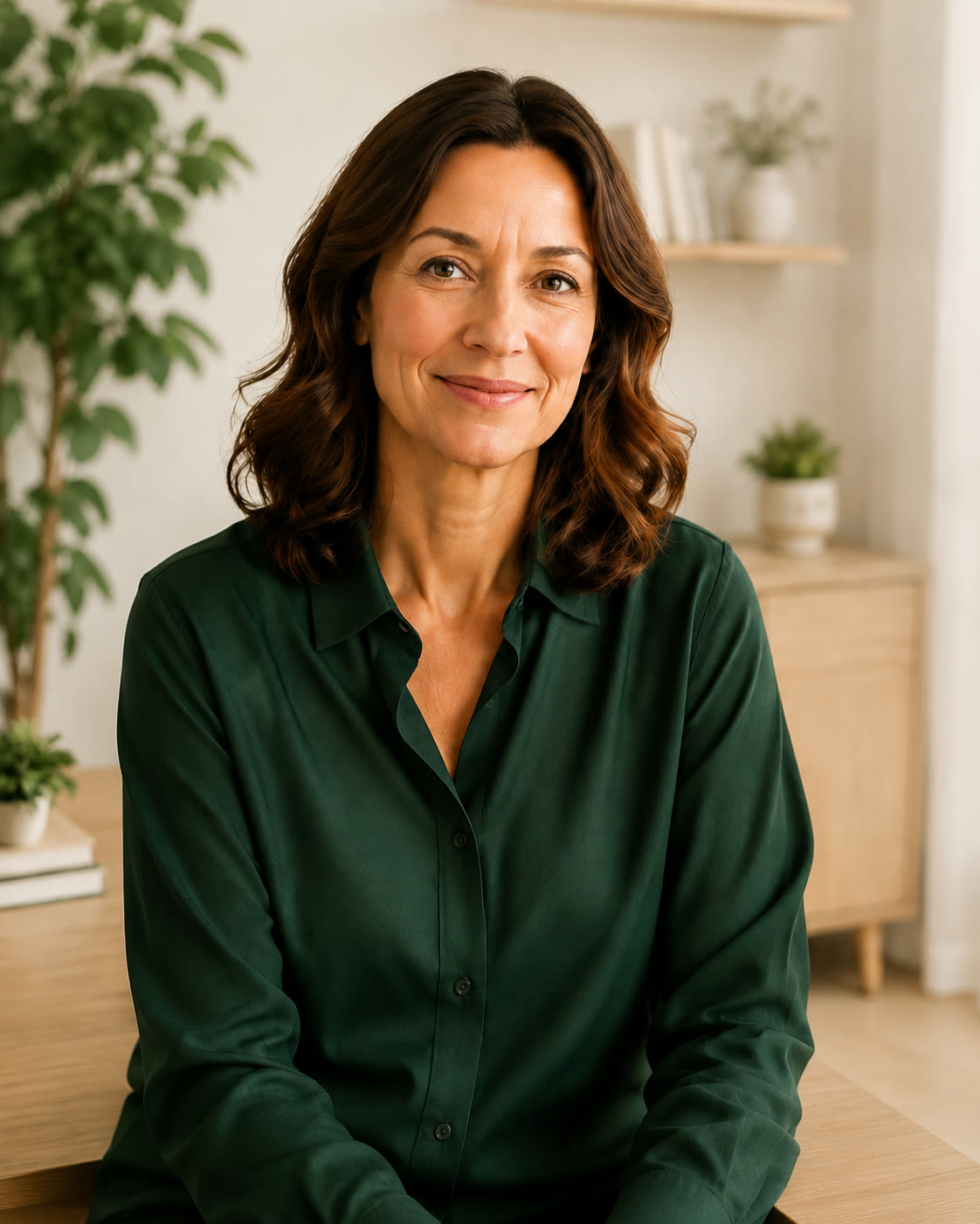 Wellness practitioner smiling in a bright, plant-filled workspace
