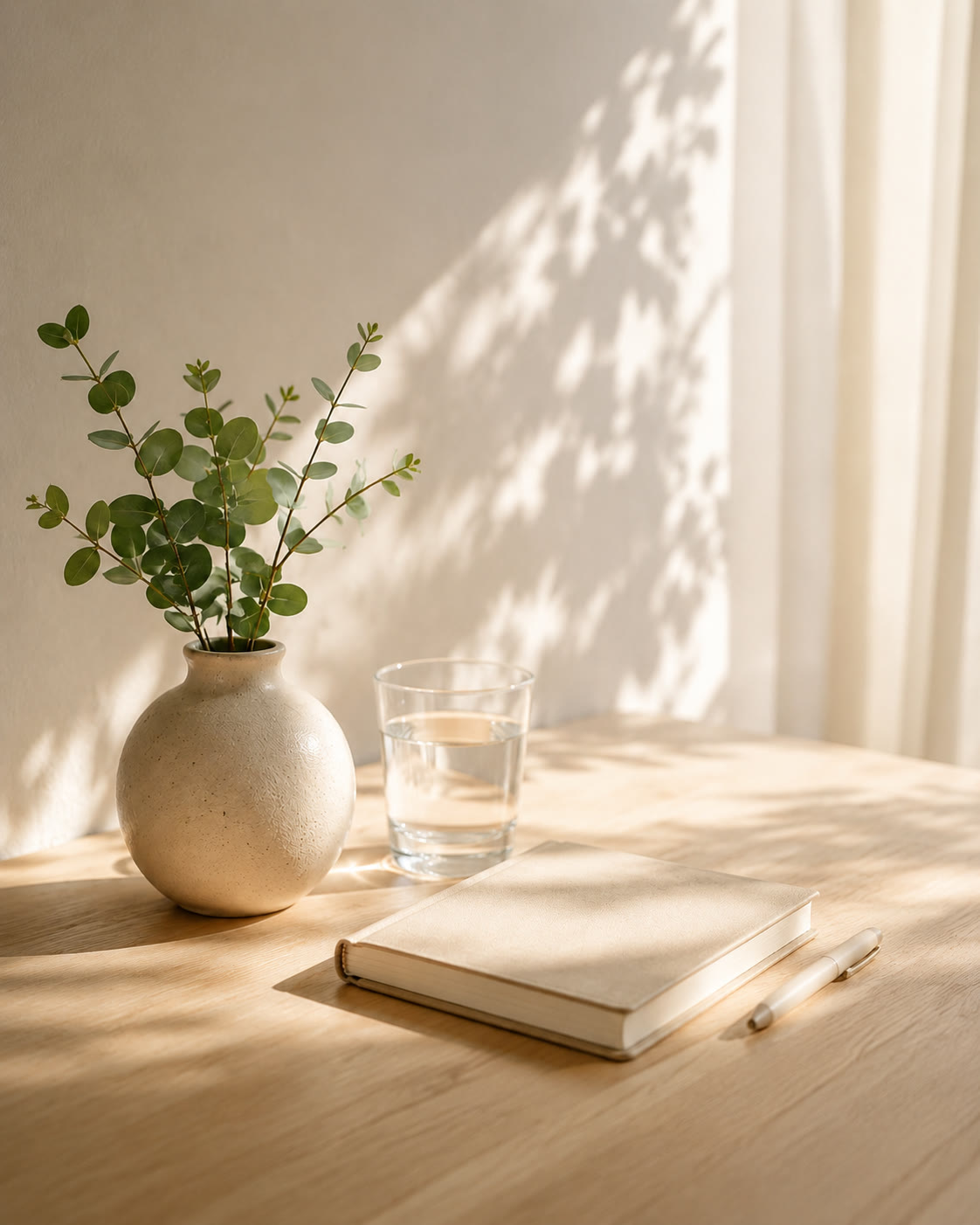 Eucalyptus in a ceramic vase with a glass of water and a notebook on a sunlit wooden desk